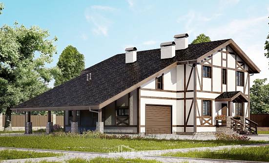 250-002-Л Проект двухэтажного дома с мансардным этажом, гараж, классический домик из кирпича Новотроицк | Проекты домов от House Expert