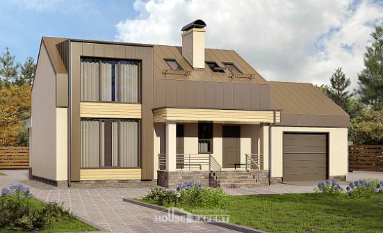 150-015-Л Проект двухэтажного дома мансардой и гаражом, уютный домик из арболита Гай | Проекты домов от House Expert